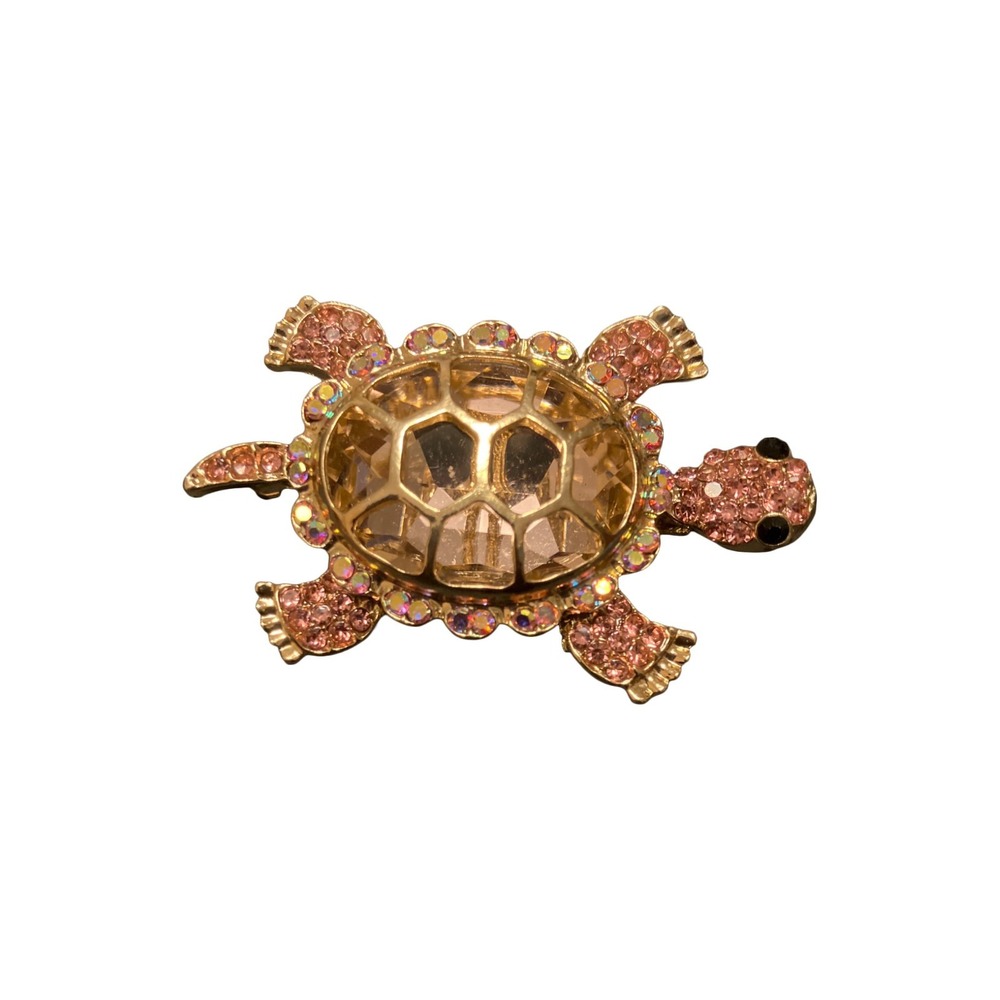 Vintage Gold Tone Pink Pavé Crystal Rhinestone Sea Turtle Tortoise Pin Brooch